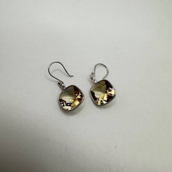 7.11cts faceted checkerboard cushion cut citrine on 925 dangle earrings! - Picture 5 of 14